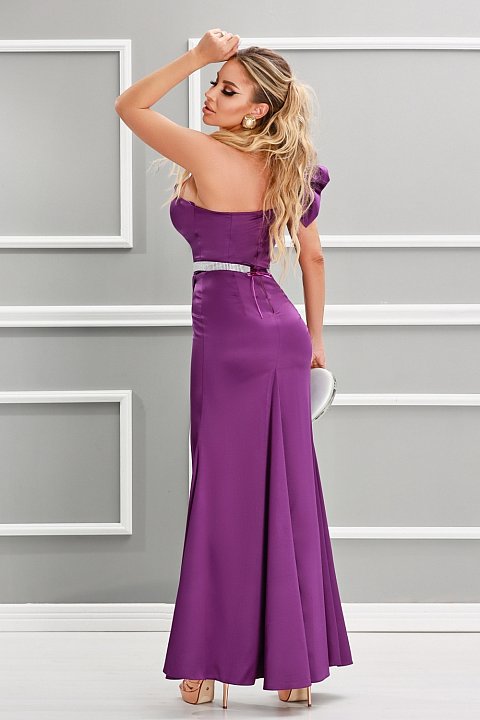 Long purple one-shoulder dress with bow