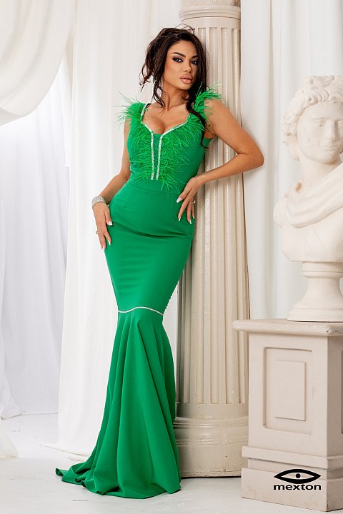Long dress with rhinestones and feathers