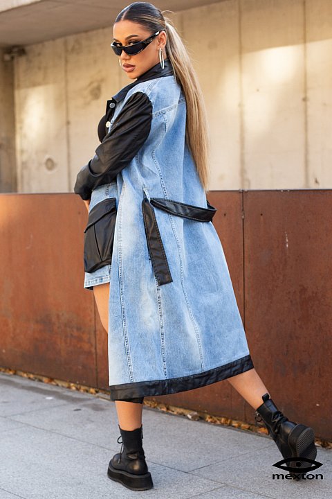 Long trench coat in denim and faux leather