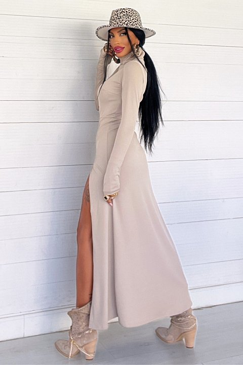 Long turtleneck dress with double slit