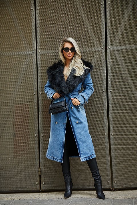 Long denim trench coat with eco fur