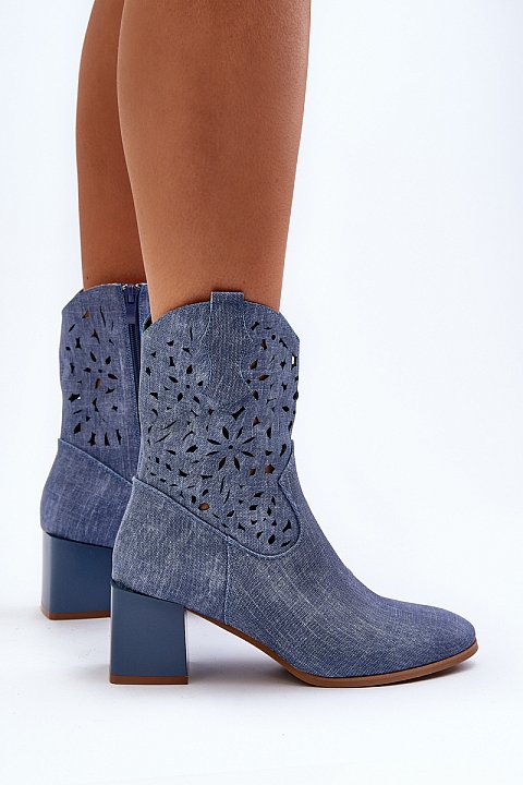 Perforated denim ankle boots