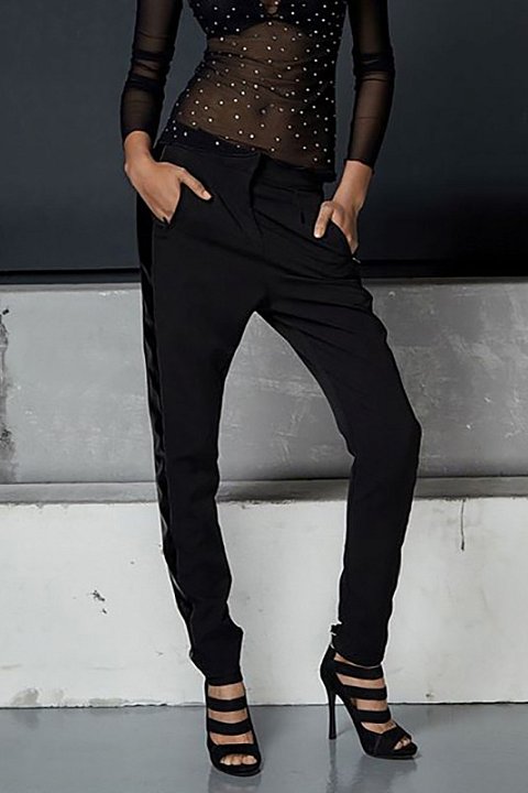 pantalone nero elegante in tessuto ed ecopelle