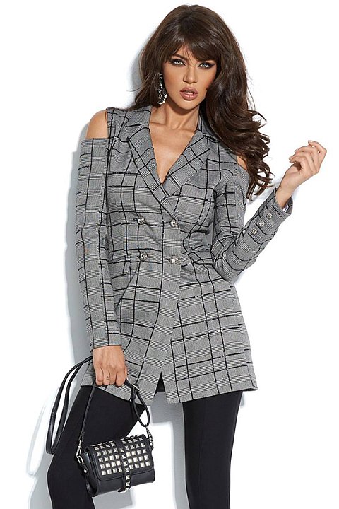 Jacket dress with cut-out on the shoulders in checked patterned fabric.