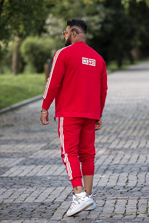 Men's Sports Suit in red with white side bands. 