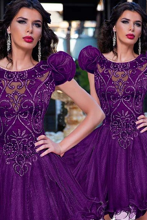 Purple organza princess dress with on-tone embroidery.