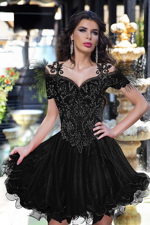 Black princess dress with embroidered bodice.