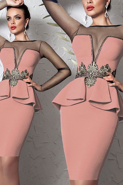 Elegant light pink short dress with sheer tulle yoke and sleeves.