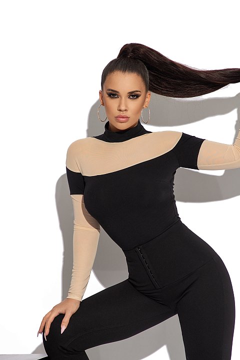 Casual long-sleeved bodysuit in black and nude.