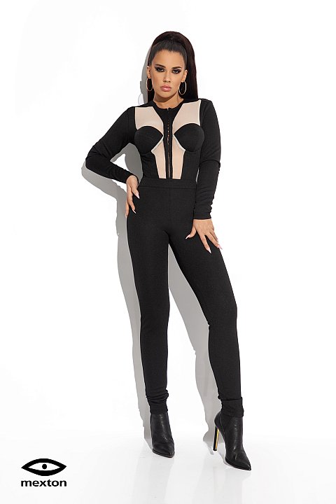 Fitted black jumpsuit with nude insert.