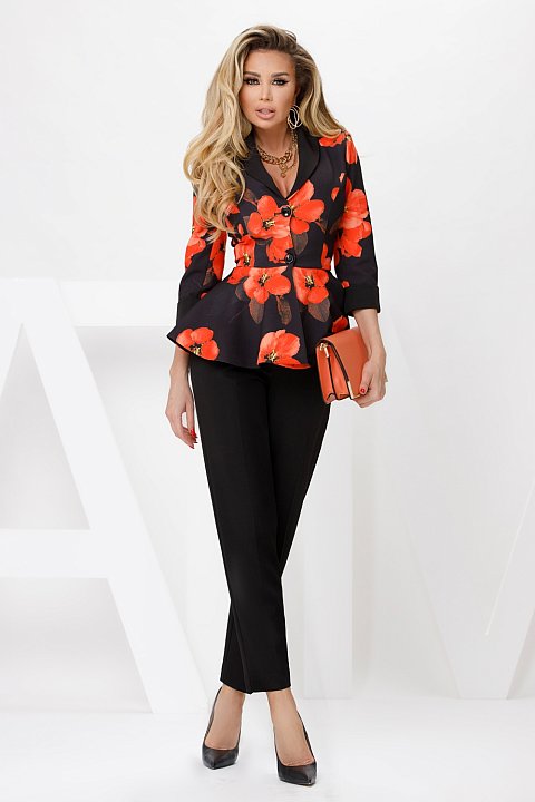Flowered jacket on black with flounce. 