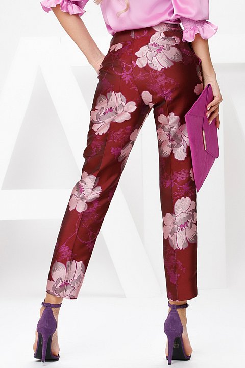 Elegant trousers with flower motif on burgundy color