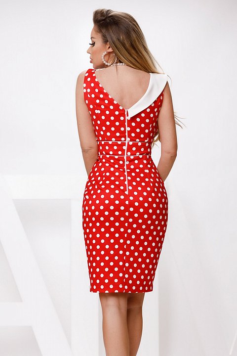 Red dress with white polka dots. 