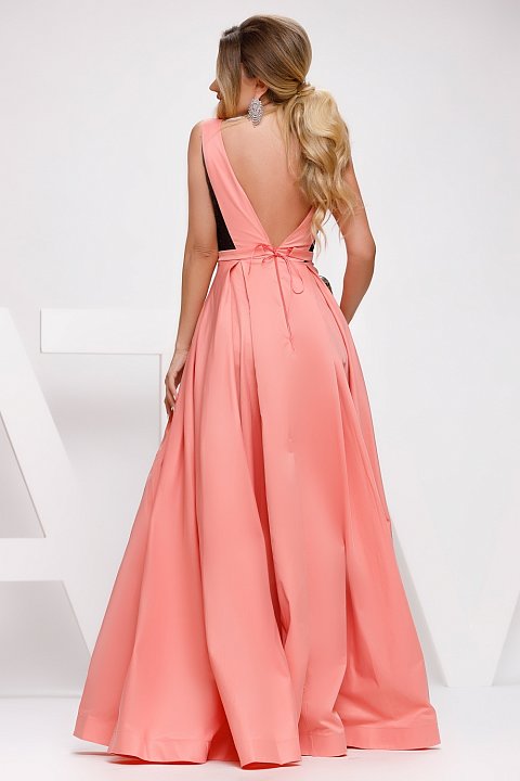 Long peach pink cocktail dress. 