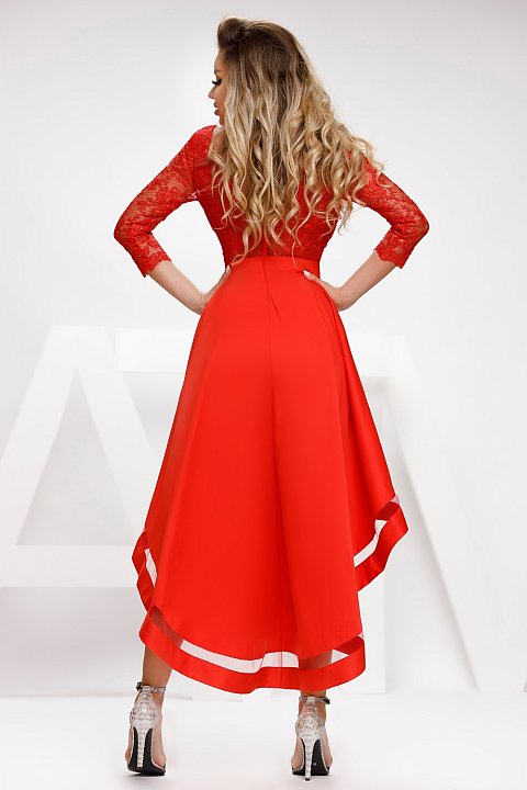 Elegant red dress with symmetrical skirt. 