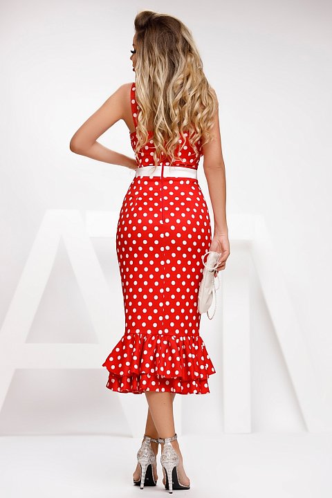 Red midi dress with white polka dots. 