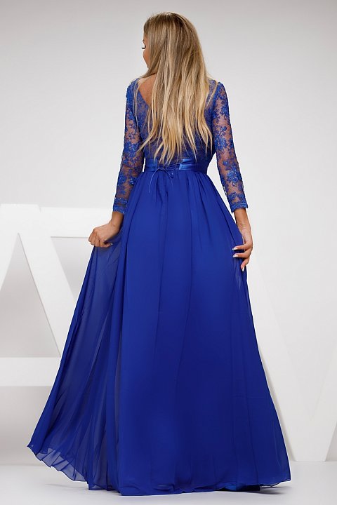 Long royal blue ceremony dress with lace. 
